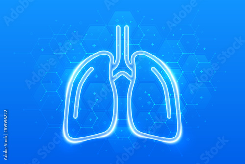 Lungs icon. Human respiratory system lungs anatomy. Treatment of lung diseases tuberculosis, pneumonia, asthma. Molecular structure. Blue medical background with hexagons. Vector illustration.