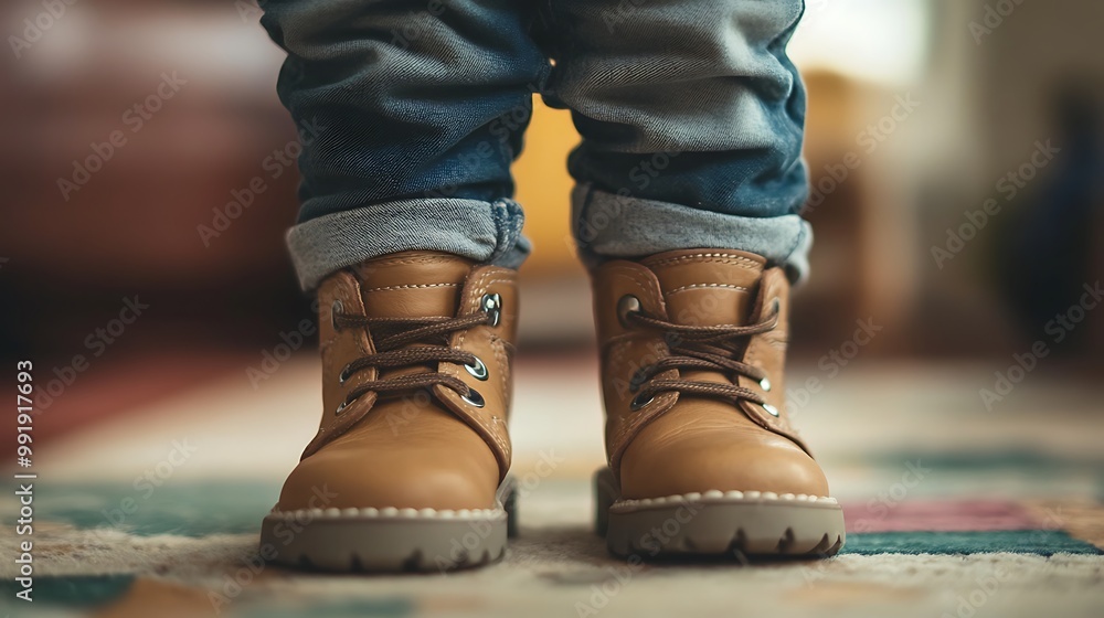 Close up of a child's feet wearing brown leather boots and jeans. Close up of a child's feet wearing brown leather boots and jeans.