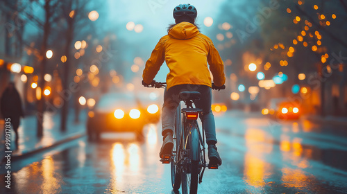 Rear view of a man riding an electric bicycle on a busy, rain-soaked urban street with glowing city lights and motion blur