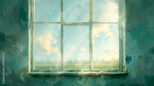 A serene view through an old window showcasing bright clouds over a verdant landscape