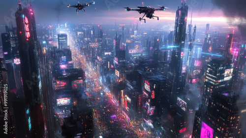 sprawling futuristic cityscape with vibrant neon lights and drones photo