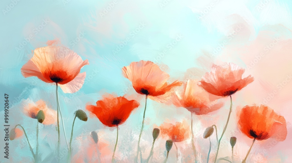 Fototapeta premium Abstract digital art depicting luminous poppy flowers against a soft pastel sky in a dreamy setting
