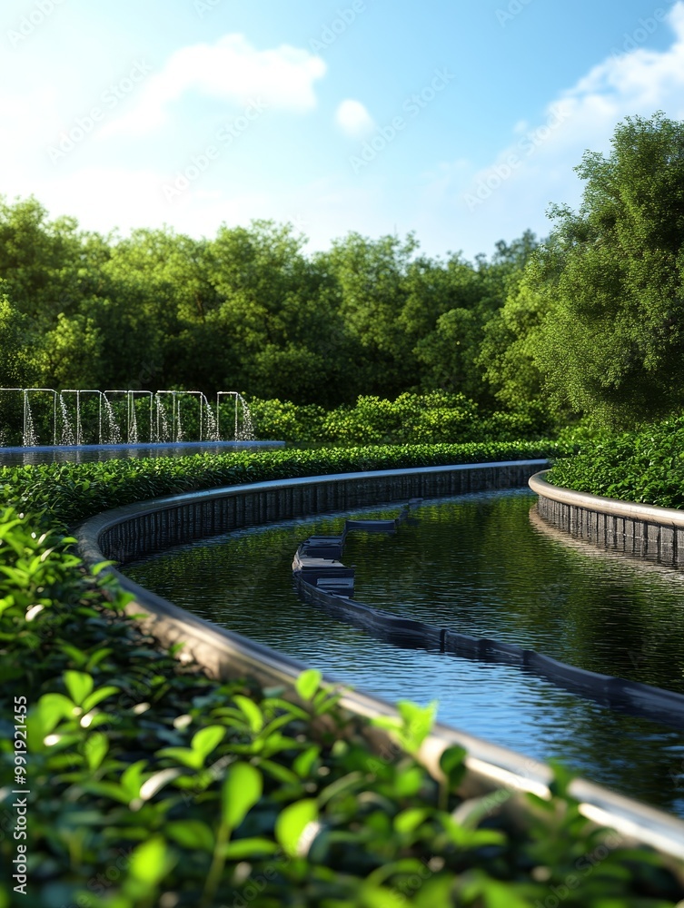 Modern Wastewater Treatment Facility with Lush Greenery, showcasing sustainable design, water purification, ecological balance, and a serene environment. Modern Wastewater Treatment Facility with Lush Greenery, showcasing sustainable design, water purification, ecological balance, and a serene environment.