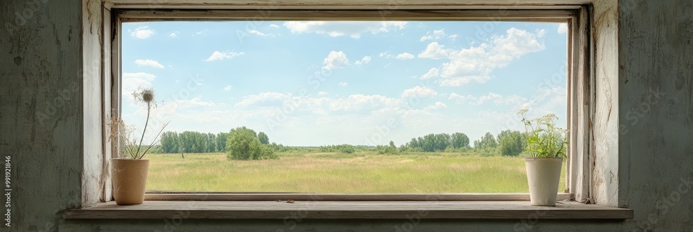 A rustic window frames a view of a peaceful meadow, with a blue sky and fluffy clouds. The image evokes a sense of tranquility, simplicity, and connection to nature.