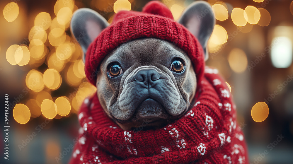 Cute dog with red wool hat and Christmas decorations on the background. Cute dog with red wool hat and Christmas decorations on the background.
