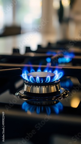 Close-up of a blue flame from a gas stove in a kitchen at night