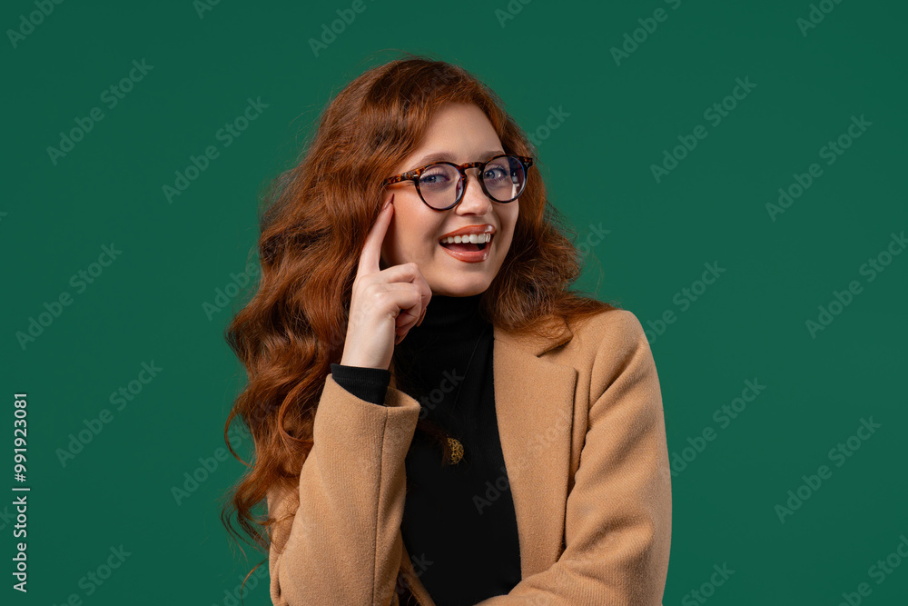 Smart businesswoman gesture-you, think about it. Student looking camera on green Smart businesswoman gesture-you, think about it. Student looking camera on green