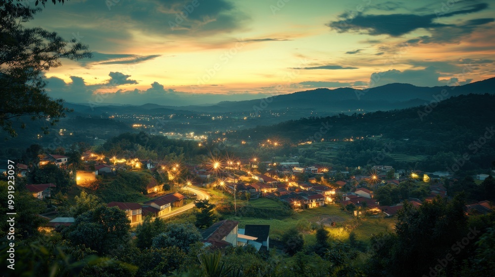A sweeping view during dusk with bright lights from urban structures in the foreground, verdant hills in the distance, A sweeping view during dusk with bright lights from urban structures in the foreground, verdant hills in the distance,
