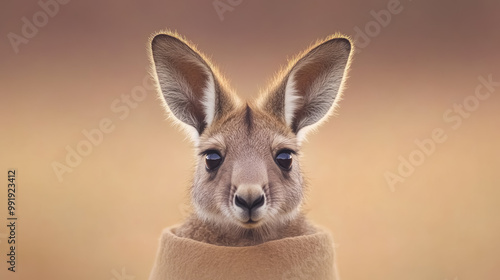 minimalistic close-up of a joey peeking out from a pouch photo