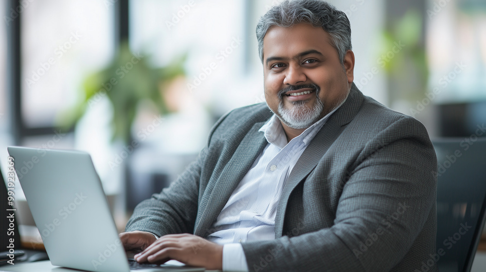 Plus size indian businessman in an office, working at laptop. Indian manager in his office, using a computer. modern office environment , business related banner. Heavy weight businessman body inclusi Plus size indian businessman in an office, working at laptop. Indian manager in his office, using a computer. modern office environment , business related banner. Heavy weight businessman body inclusi