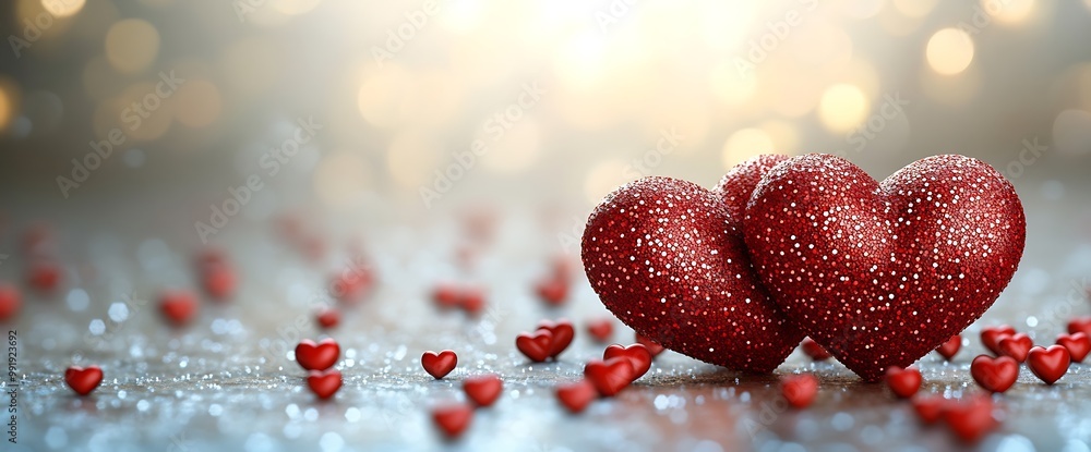 Two red glitter hearts on a sparkly surface with bokeh lights in the background. Two red glitter hearts on a sparkly surface with bokeh lights in the background.