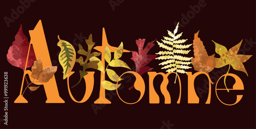 Bannière texte automne en français orange vert jaune bordeaux fond foncé feuilles vecteur