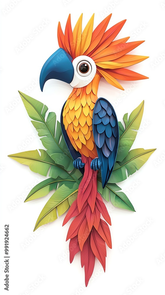 Obraz premium Colorful paper cut-out illustration of a parrot perched on leaves, whimsical concept.