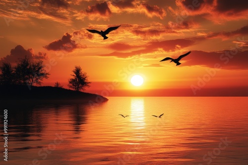 The setting sun shines on the sea, and two birds fly in front of it. The sky is a vibrant orange-red with many clouds floating above the water's surface. with generative ai