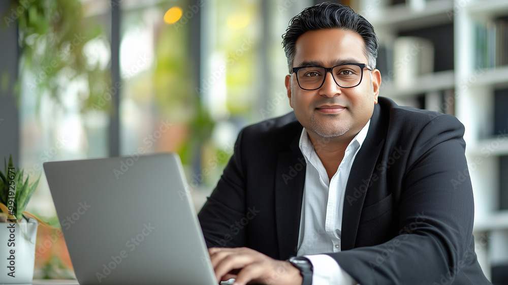 Plus size indian businessman in an office, working at laptop. Indian manager in his office, using a computer. modern office environment , business related banner. Heavy weight businessman body inclusi Plus size indian businessman in an office, working at laptop. Indian manager in his office, using a computer. modern office environment , business related banner. Heavy weight businessman body inclusi