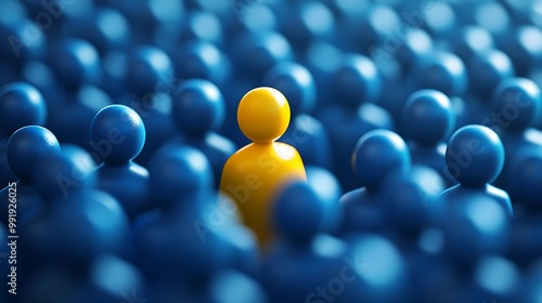 A single yellow figure stands out from a crowd of blue figures, representing individuality, difference, and uniqueness.