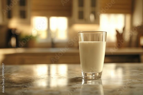 mockup banner concept featuring dairy essentials with a glass of milk on a kitchen countertop