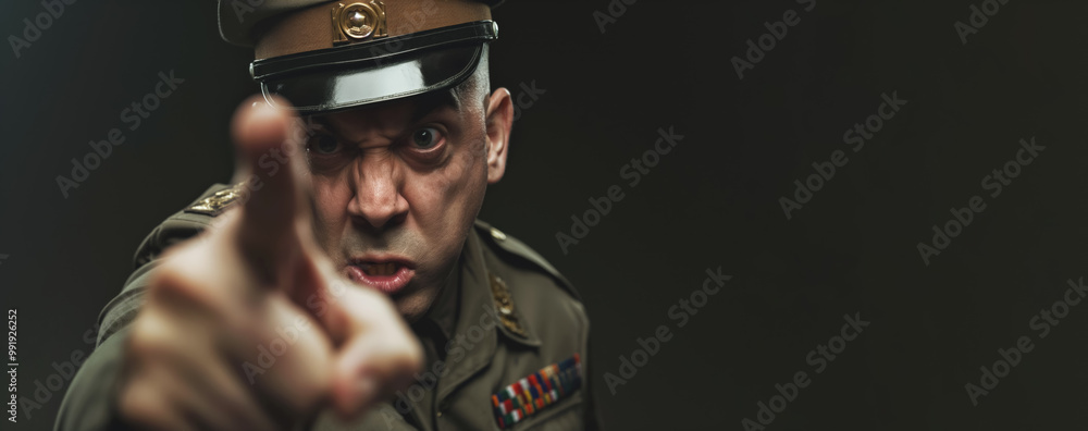 Drill sergeant with angry face expression pointing finger to camera ...