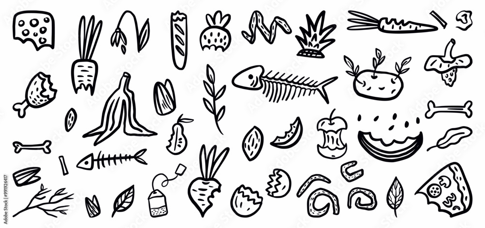 Vector collection of food waste hand-drawn in doodle style Vector collection of food waste hand-drawn in doodle style