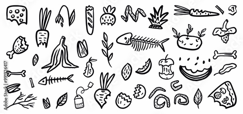 Vector collection of food waste hand-drawn in doodle style