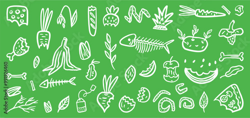 Vector collection of food waste hand-drawn in doodle style