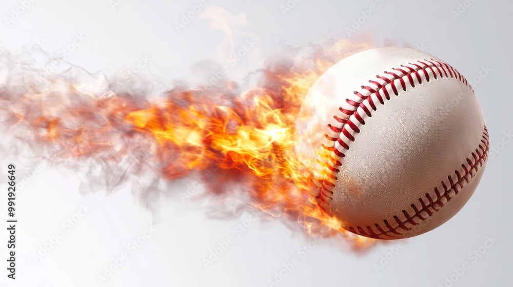Flying baseball in fire trail on white background, isolated baseball with flames, Generative AI Flying baseball in fire trail on white background, isolated baseball with flames, Generative AI