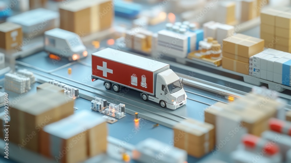 Efficient logistics with medical aid trucks and medical supplies warehouse in blue environment, truck carries medical aid with red cross to people Efficient logistics with medical aid trucks and medical supplies warehouse in blue environment, truck carries medical aid with red cross to people
