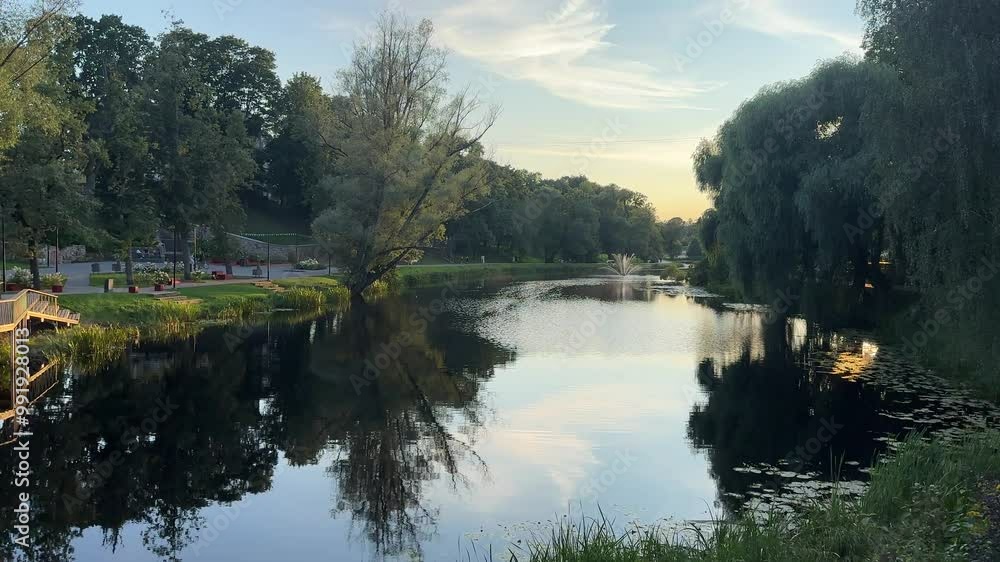 A calm park scene with a reflective pond, fountain, and lush trees surrounding the water at sunset, creating a peaceful atmosphere A calm park scene with a reflective pond, fountain, and lush trees surrounding the water at sunset, creating a peaceful atmosphere