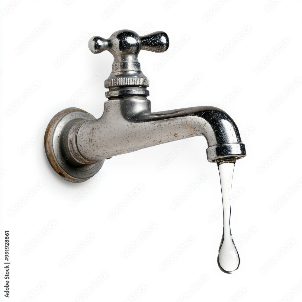 Metal tap with water flowing from it on a white background. Metal tap with water flowing from it on a white background.