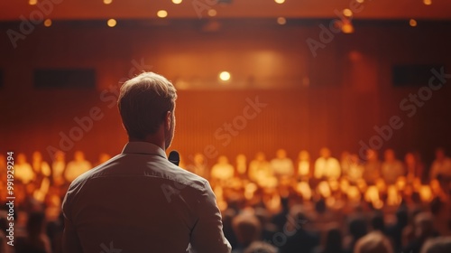 Young business trainer in white shirt speaking on stage in front of people. Back view. Business training concept.