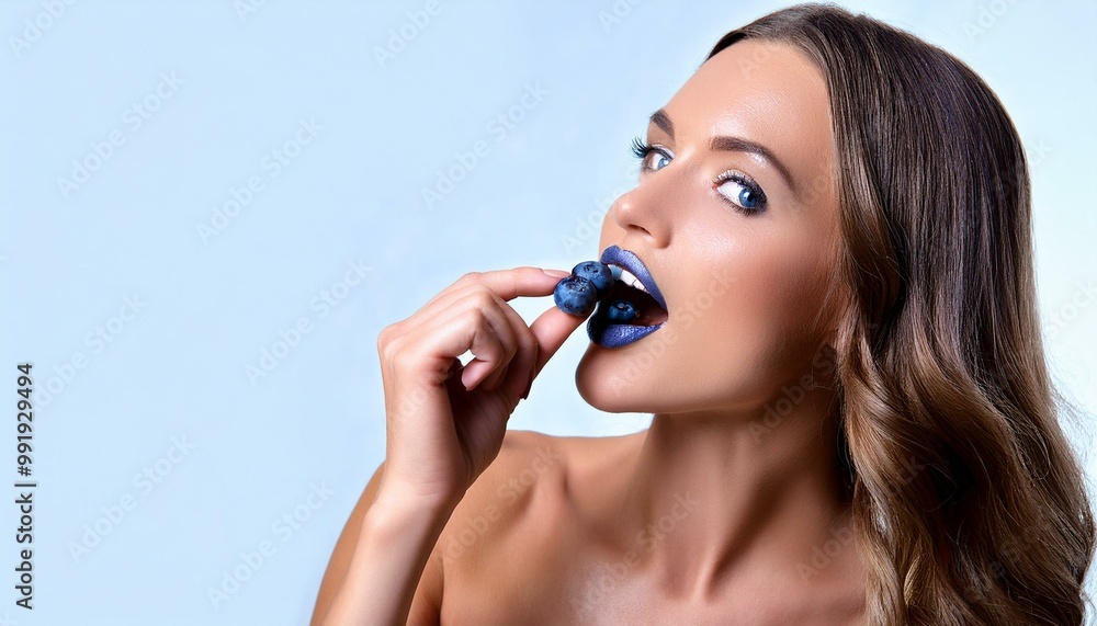 beautiful young woman eating blueberry, AI generated beautiful young woman eating blueberry, AI generated