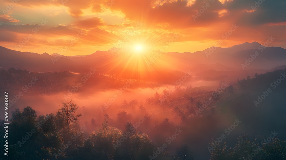 Naklejka premium Golden Sunset over Misty Mountain Forest