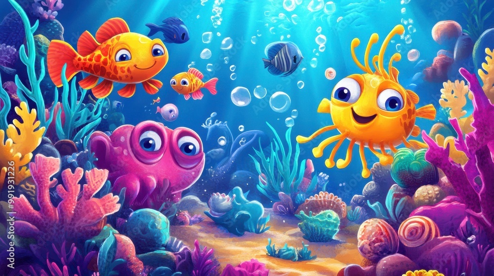 A vibrant cartoon depiction of smiling shrimp, energetic fish, and whimsical shellfish, A vibrant cartoon depiction of smiling shrimp, energetic fish, and whimsical shellfish,