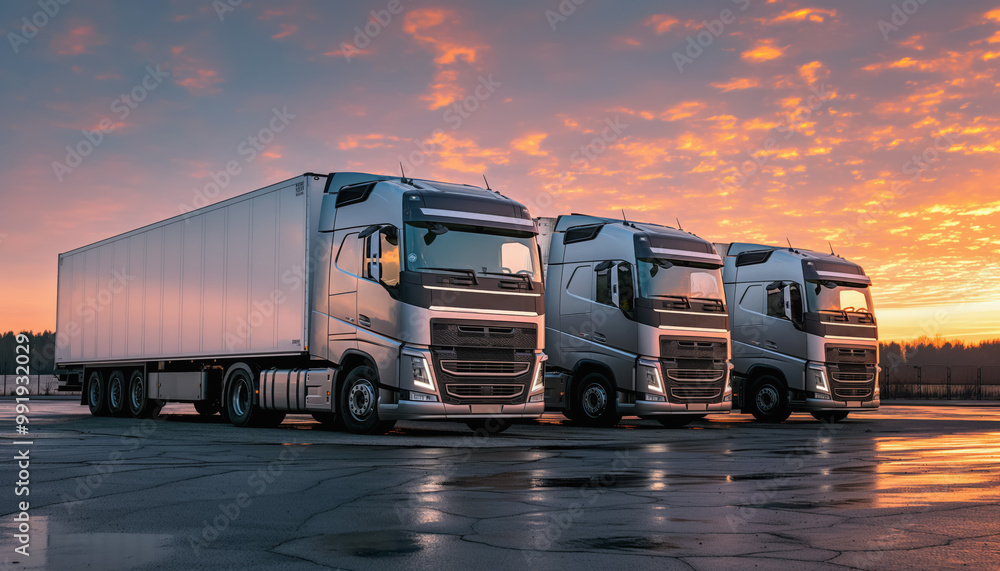 Cargo trailer trucks ready on parking lot in morning. Logistics and goods transport concept. Generative AI