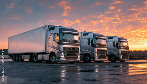 Obraz na płótnie Cargo trailer trucks ready on parking lot in morning. Logistics and goods transport concept. Generative AI w salonie