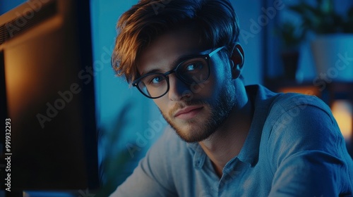 White man in his 30s wearing glasses moving mouse while looking at computer monitor, photography, ultra realistic, with generative ai