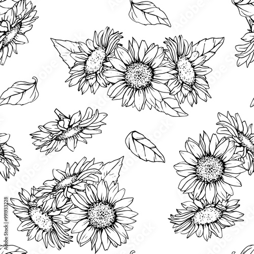 Seamless Pattern with Flowers Sunflowers in line art style. Vector Autumn ornament with chamomile painted by black inks. Hand Drawn engraving Bouquet of daisies for wallpaper. Sketch outline