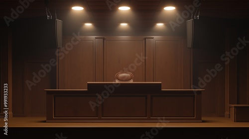 brown witness stand in a courtroom