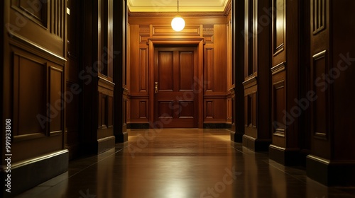 dark wood courtroom door in a courthouse hallway photo