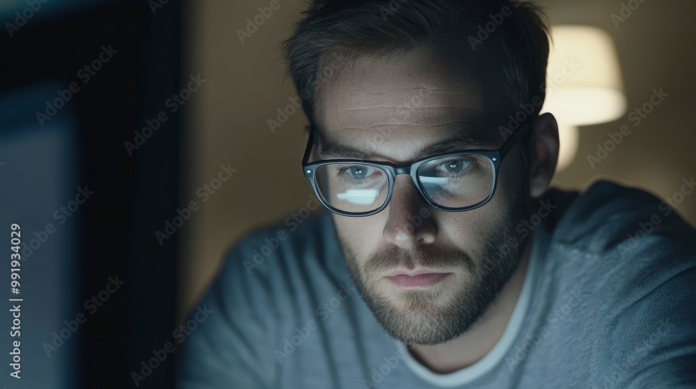White man in his 30s wearing glasses moving mouse while looking at computer monitor, photography, ultra realistic, with generative ai White man in his 30s wearing glasses moving mouse while looking at computer monitor, photography, ultra realistic, with generative ai