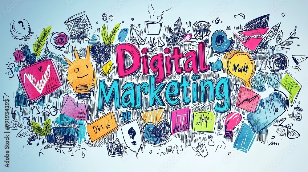 Fototapeta premium An engaging illustration showcasing various elements of digital marketing, including icons and doodles, representing the dynamic and evolving nature of the field.