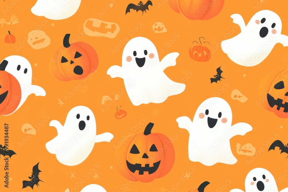 A pattern of cute cartoon ghosts and pumpkins on an orange background, creating a fun Halloween-themed design Generative AI A pattern of cute cartoon ghosts and pumpkins on an orange background, creating a fun Halloween-themed design Generative AI