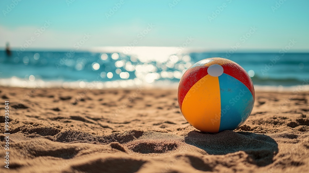 Obraz premium multicolored beach ball bouncing on the sandy beach