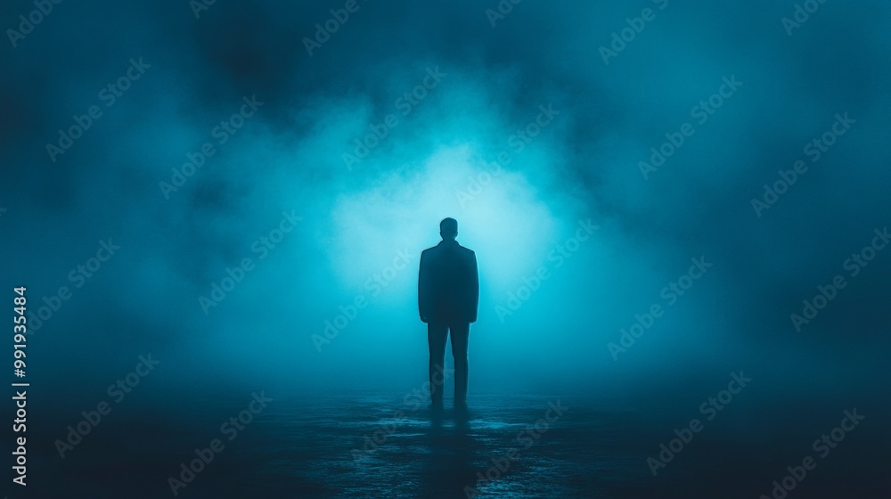 A man stands in the fog, looking into the distance A man stands in the fog, looking into the distance