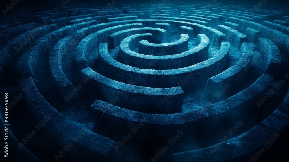 A blue maze with a spiral shape A blue maze with a spiral shape