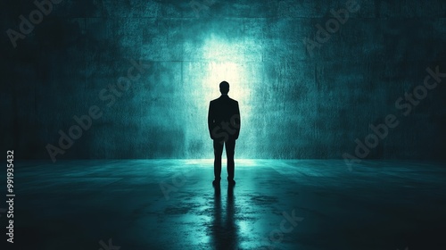 A man stands in a dark room with a blue background