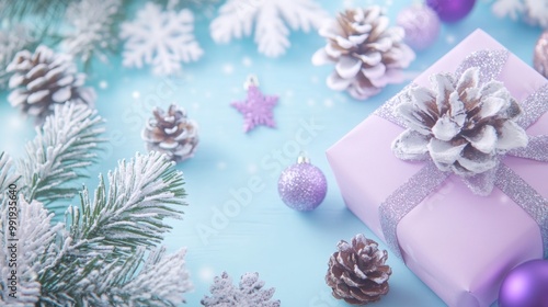 Brightly wrapped colorful Christmas presents. Soft color gift box and glow ornaments and frosted pine branches soft pastel lights background