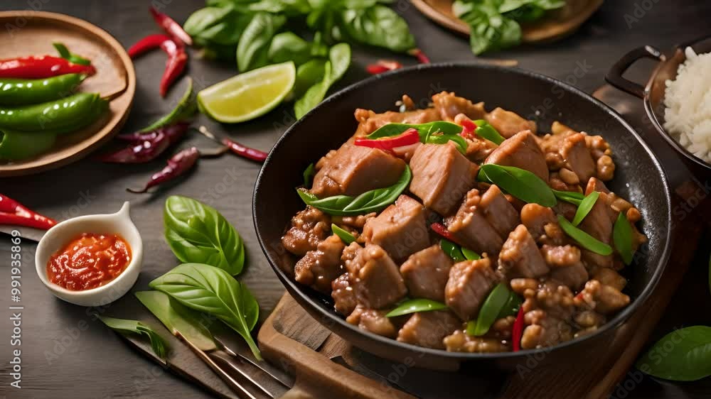 A vibrant stir-fried chicken dish, garnished with fresh basil leaves and sliced red chilies, served alongside rice. The image also showcases the ingredients, including green and red chili peppers, lim A vibrant stir-fried chicken dish, garnished with fresh basil leaves and sliced red chilies, served alongside rice. The image also showcases the ingredients, including green and red chili peppers, lim