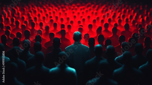 A man stands in front of a crowd of people