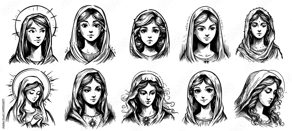 sacred mary portrait set in black and white hand-drawn vector illustration sacred mary portrait set in black and white hand-drawn vector illustration
